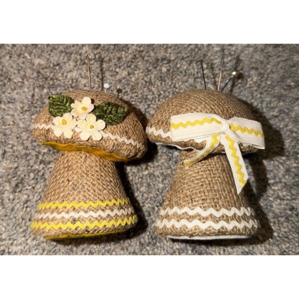 Vtg Handmade Burlap Mushrooms Pin Cushions Decor Yellow Accent Sewing Styrofoam